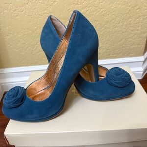 Miss Albright Teal Suede Heels with Floral Accent